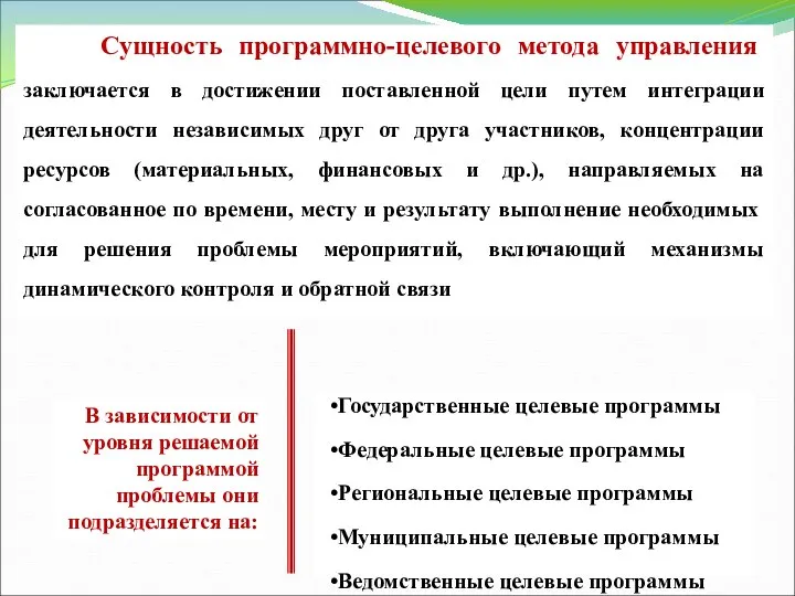 Государственные целевые программы Федеральные целевые программы Региональные целевые программы Муниципальные целевые