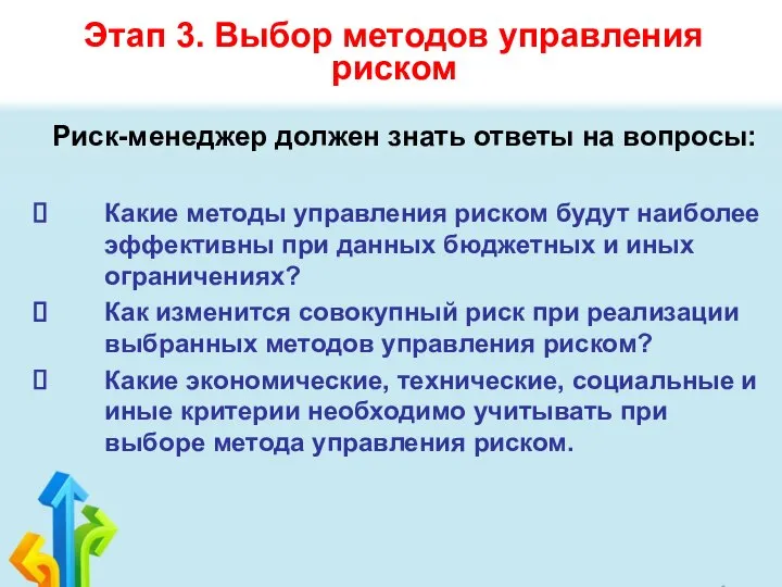 Этап 3. Выбор методов управления риском Риск-менеджер должен знать ответы на