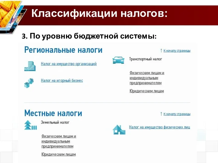 Классификации налогов: 3. По уровню бюджетной системы: