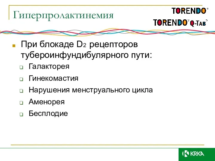 Гиперпролактинемия При блокаде D2 рецепторов тубероинфундибулярного пути: Галакторея Гинекомастия Нарушения менструального цикла Аменорея Бесплодие