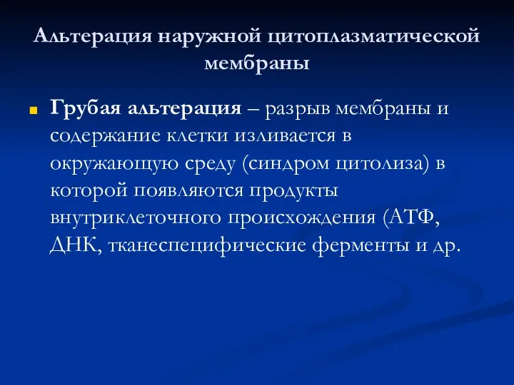 Альтерация наружной цитоплазматической мембраны Грубая альтерация – разрыв мембраны и содержание