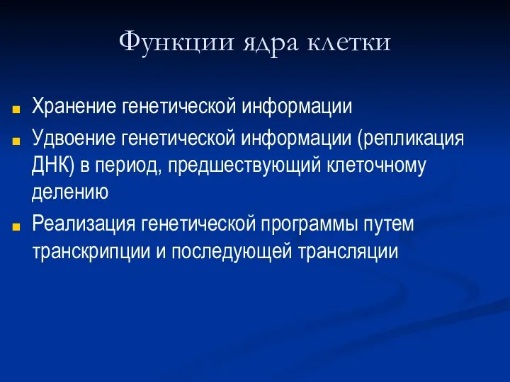 Функции ядра клетки Хранение генетической информации Удвоение генетической информации (репликация ДНК)