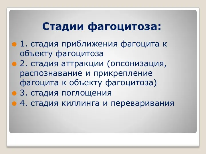 Стадии фагоцитоза: 1. стадия приближения фагоцита к объекту фагоцитоза 2. стадия