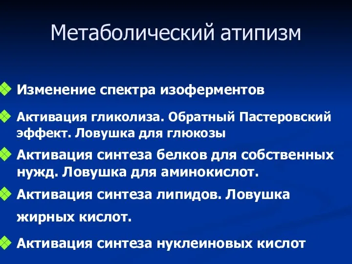 Метаболический атипизм Изменение спектра изоферментов Активация гликолиза. Обратный Пастеровский эффект. Ловушка