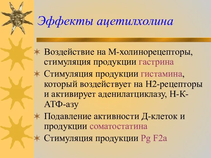 Эффекты ацетилхолина Воздействие на М-холинорецепторы, стимуляция продукции гастрина Стимуляция продукции гистамина,