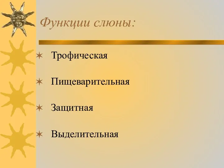 Функции слюны: Трофическая Пищеварительная Защитная Выделительная