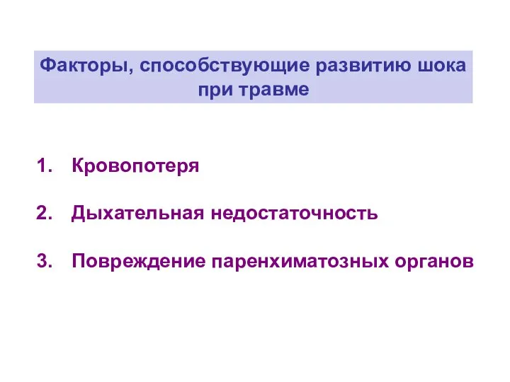 Факторы, способствующие развитию шока при травме Кровопотеря Дыхательная недостаточность Повреждение паренхиматозных органов