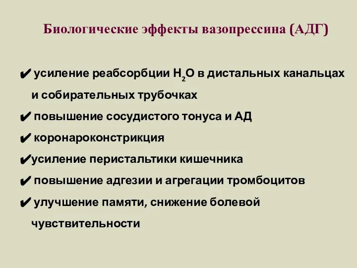 Биологические эффекты вазопрессина (АДГ) усиление реабсорбции Н2О в дистальных канальцах и