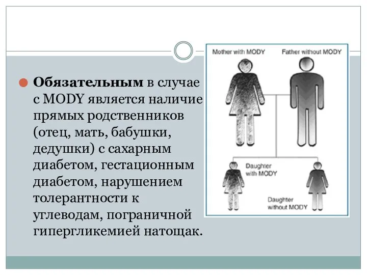 Обязательным в случае с MODY является наличие прямых родственников (отец, мать,