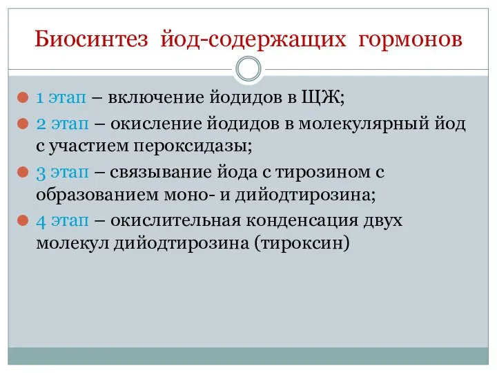 Биосинтез йод-содержащих гормонов 1 этап – включение йодидов в ЩЖ; 2