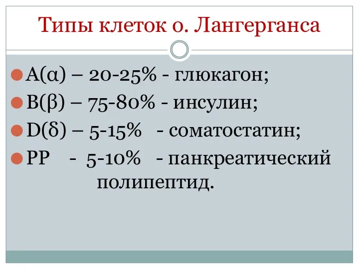 Типы клеток о. Лангерганса А(α) – 20-25% - глюкагон; В(β) –