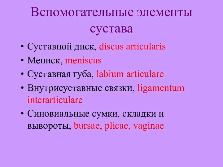 Вспомогательные элементы сустава Суставной диск, discus articularis Мениск, meniscus Суставная губа,