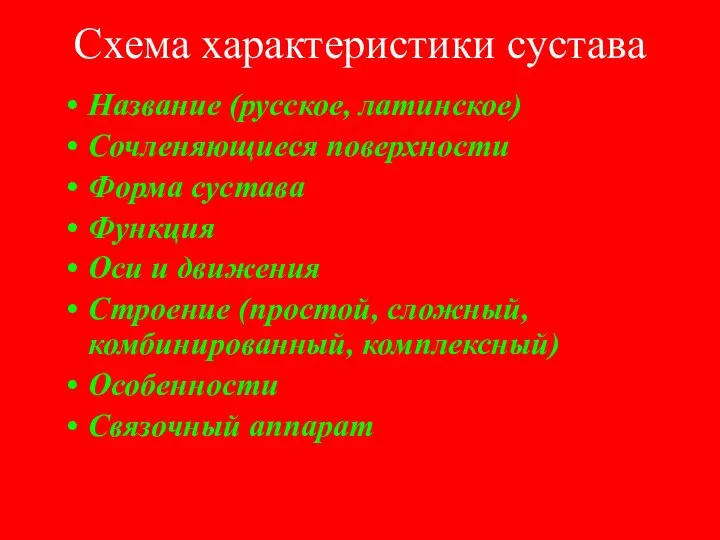 Cхема характеристики сустава Название (русское, латинское) Сочленяющиеся поверхности Форма сустава Функция