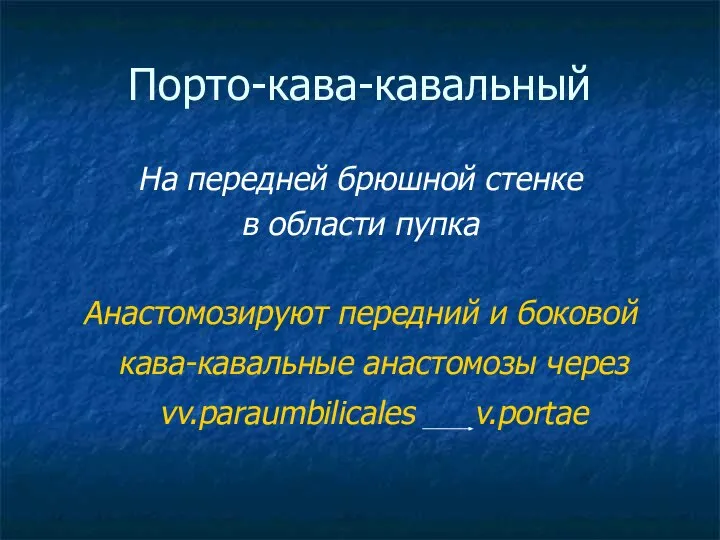 Порто-кава-кавальный На передней брюшной стенке в области пупка Анастомозируют передний и