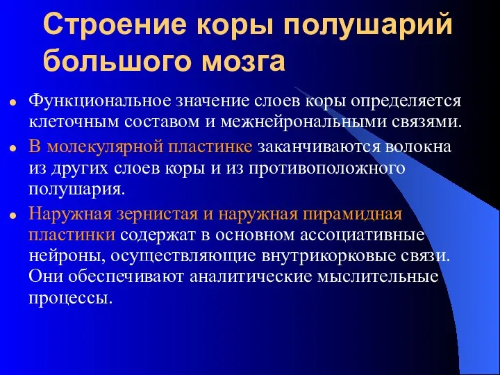 Строение коры полушарий большого мозга Функциональное значение слоев коры определяется клеточным