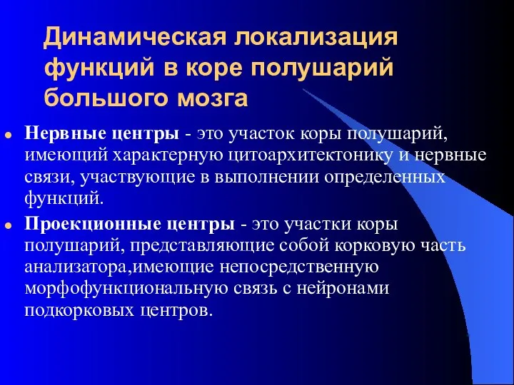 Динамическая локализация функций в коре полушарий большого мозга Нервные центры -