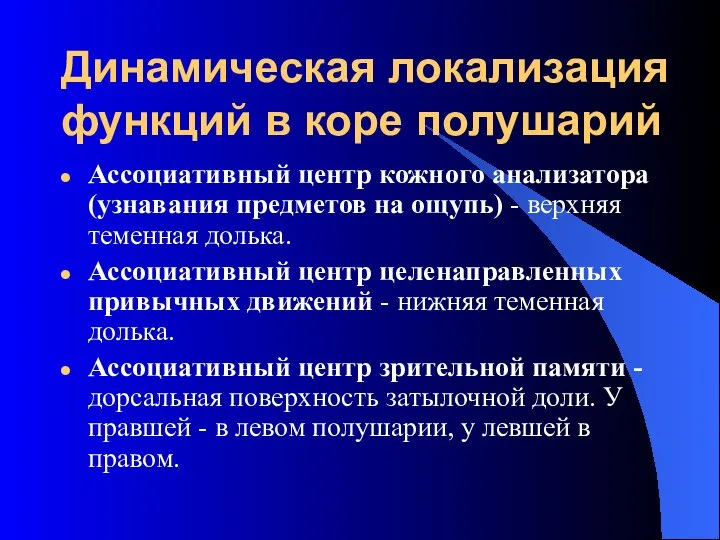 Динамическая локализация функций в коре полушарий Ассоциативный центр кожного анализатора (узнавания