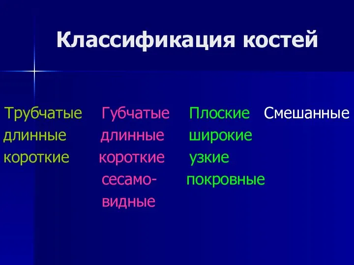 Классификация костей Трубчатые Губчатые Плоские Смешанные длинные длинные широкие короткие короткие узкие сесамо- покровные видные