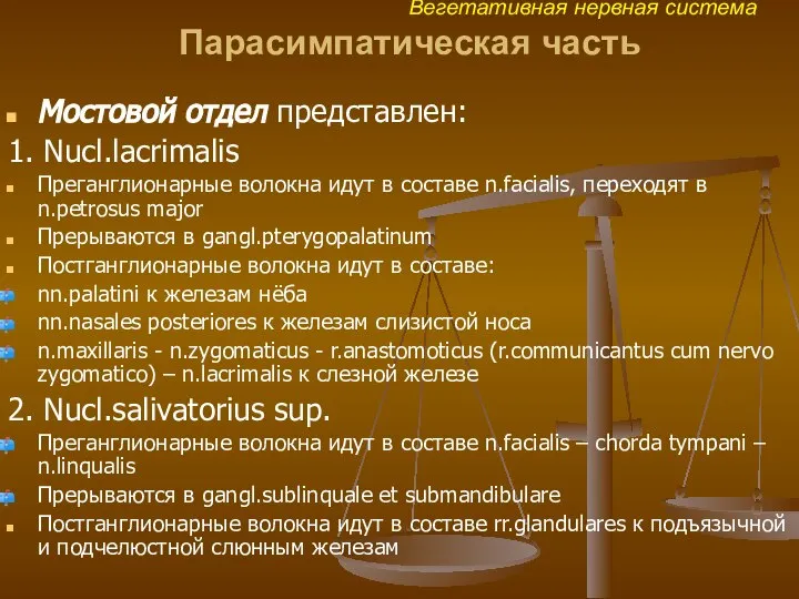 Вегетативная нервная система Парасимпатическая часть Мостовой отдел представлен: 1. Nucl.lacrimalis Преганглионарные