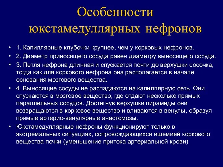 Особенности юкстамедуллярных нефронов 1. Капиллярные клубочки крупнее, чем у корковых нефронов.