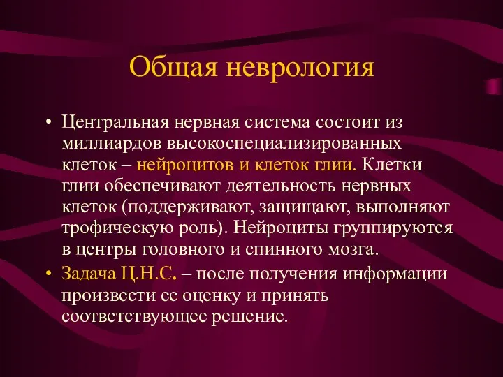 Общая неврология Центральная нервная система состоит из миллиардов высокоспециализированных клеток –