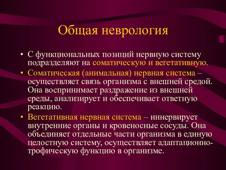 Общая неврология С функциональных позиций нервную систему подразделяют на соматическую и