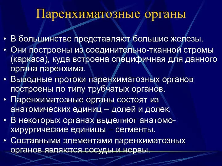 Паренхиматозные органы В большинстве представляют большие железы. Они построены из соединительно-тканной