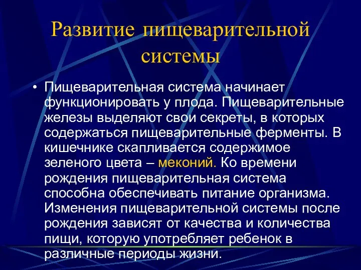 Развитие пищеварительной системы Пищеварительная система начинает функционировать у плода. Пищеварительные железы