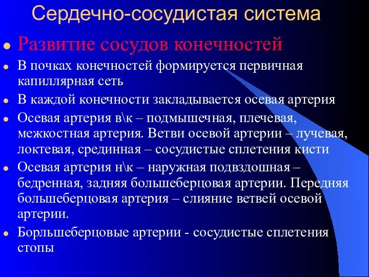 Сердечно-сосудистая система Развитие сосудов конечностей В почках конечностей формируется первичная капиллярная