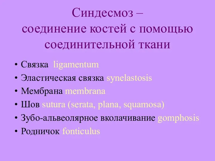 Синдесмоз – соединение костей с помощью соединительной ткани Связка ligamentum Эластическая