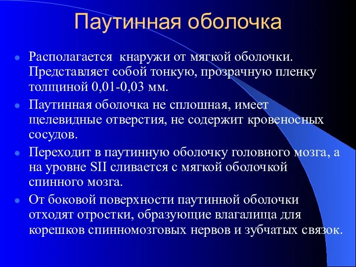 Паутинная оболочка Располагается кнаружи от мягкой оболочки. Представляет собой тонкую, прозрачную