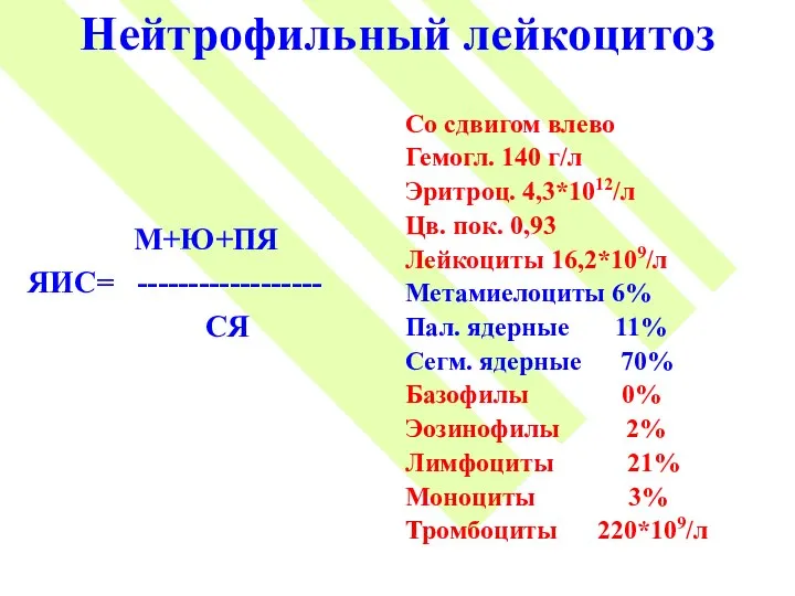 Нейтрофильный лейкоцитоз М+Ю+ПЯ ЯИС= ------------------ СЯ Со сдвигом влево Гемогл. 140