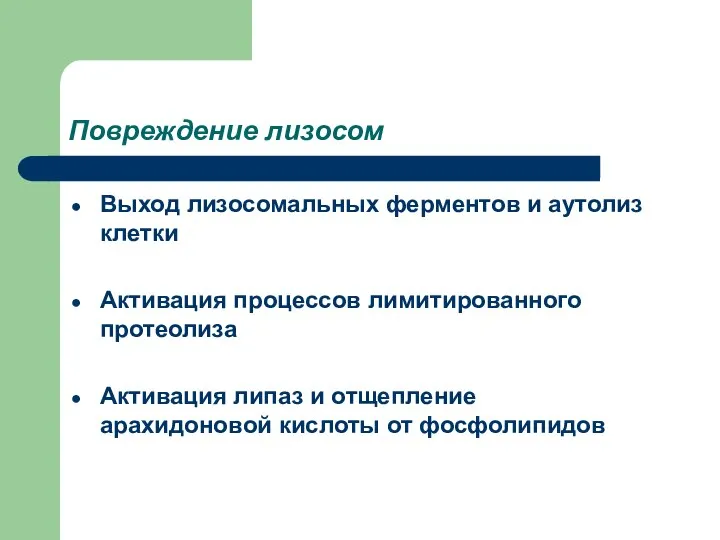 Повреждение лизосом Выход лизосомальных ферментов и аутолиз клетки Активация процессов лимитированного