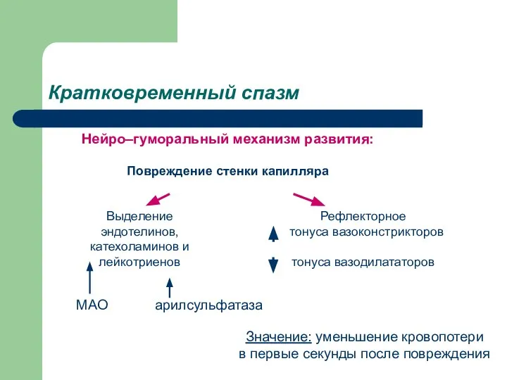 Кратковременный спазм Нейро–гуморальный механизм развития: Повреждение стенки капилляра Рефлекторное тонуса вазоконстрикторов