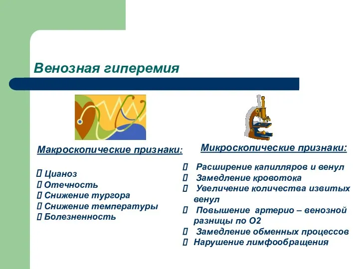 Венозная гиперемия Макроскопические признаки: Цианоз Отечность Снижение тургора Снижение температуры Болезненность