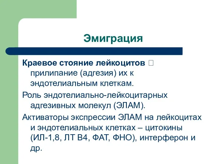 Эмиграция Краевое стояние лейкоцитов ? прилипание (адгезия) их к эндотелиальным клеткам.