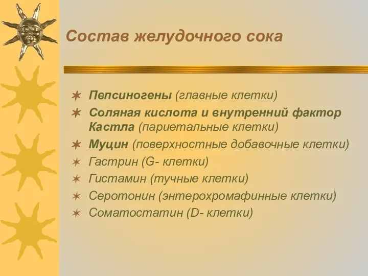 Состав желудочного сока Пепсиногены (главные клетки) Соляная кислота и внутренний фактор