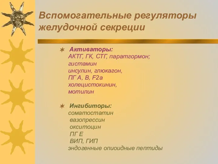 Вспомогательные регуляторы желудочной секреции Активаторы: АКТГ, ГК, СТГ, паратгормон; гистамин инсулин,