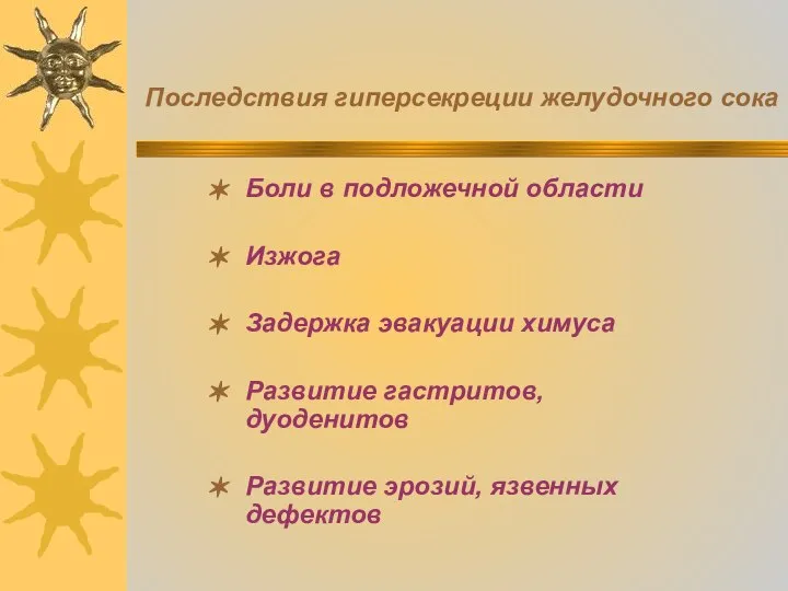 Последствия гиперсекреции желудочного сока Боли в подложечной области Изжога Задержка эвакуации