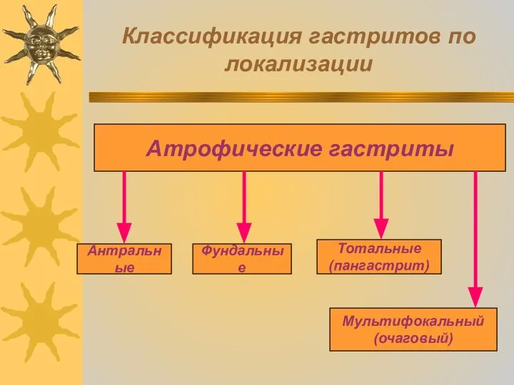 Классификация гастритов по локализации Атрофические гастриты Антральные Фундальные Тотальные (пангастрит) Мультифокальный (очаговый)