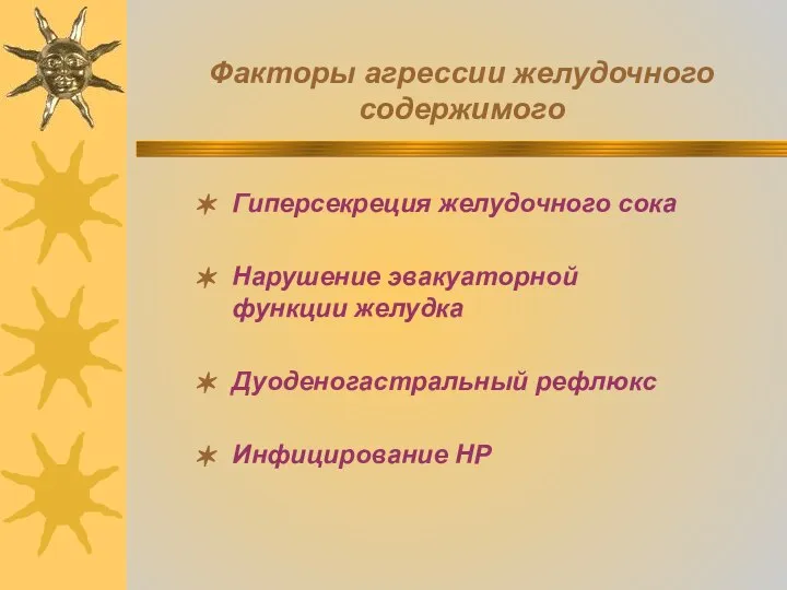 Факторы агрессии желудочного содержимого Гиперсекреция желудочного сока Нарушение эвакуаторной функции желудка Дуоденогастральный рефлюкс Инфицирование НР