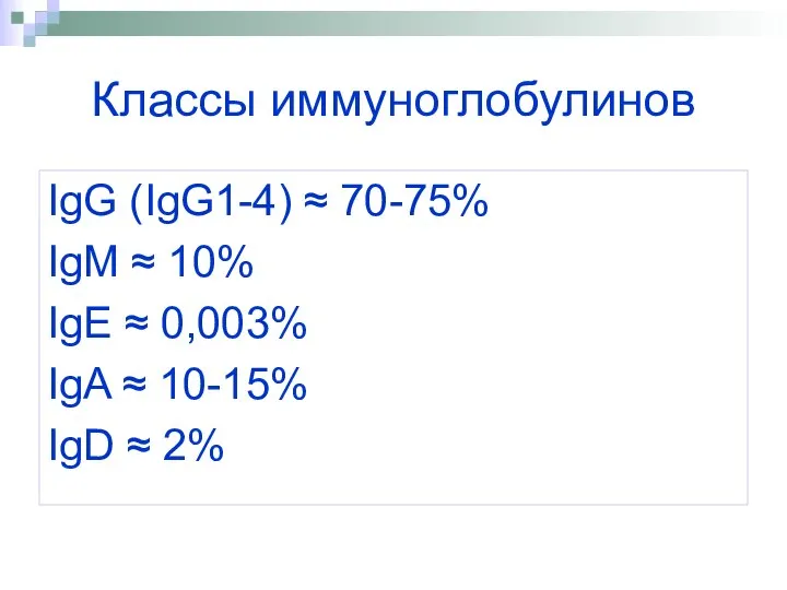 Классы иммуноглобулинов IgG (IgG1-4) ≈ 70-75% IgM ≈ 10% IgE ≈