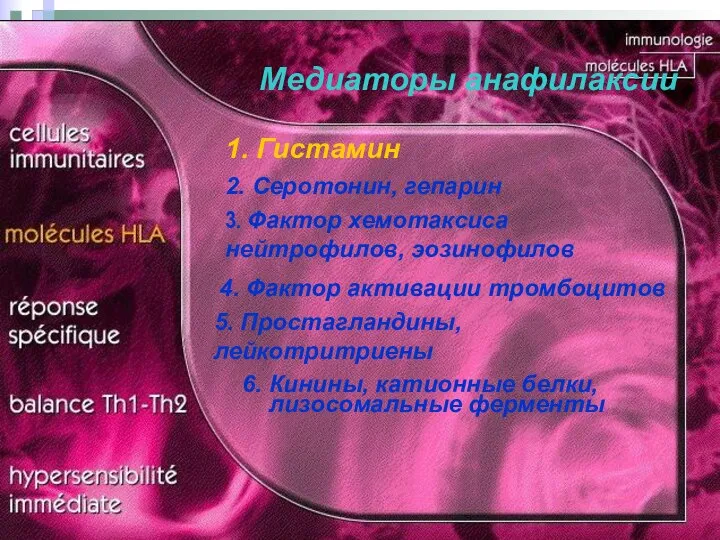 1. Гистамин 2. Серотонин, гепарин 3. Фактор хемотаксиса нейтрофилов, эозинофилов 4.