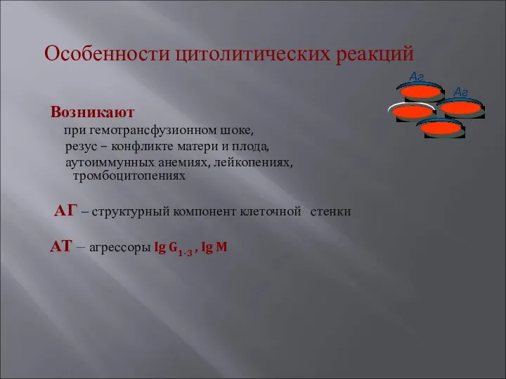 Особенности цитолитических реакций Возникают при гемотрансфузионном шоке, резус – конфликте матери