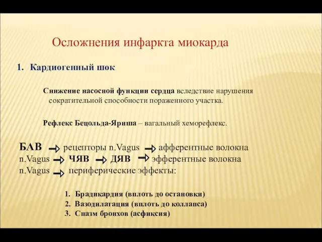 Осложнения инфаркта миокарда Кардиогенный шок Снижение насосной функции сердца вследствие нарушения