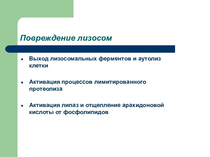 Повреждение лизосом Выход лизосомальных ферментов и аутолиз клетки Активация процессов лимитированного