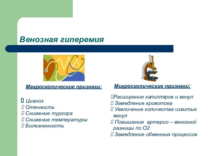 Венозная гиперемия Макроскопические признаки: Цианоз Отечность Снижение тургора Снижение температуры Болезненность