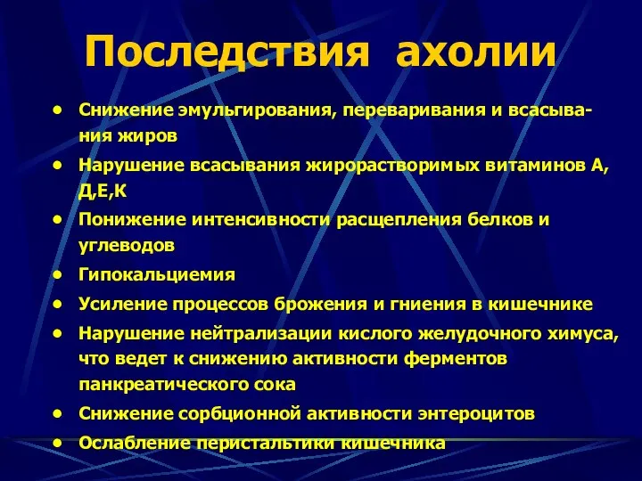 Последствия ахолии Снижение эмульгирования, переваривания и всасыва-ния жиров Нарушение всасывания жирорастворимых