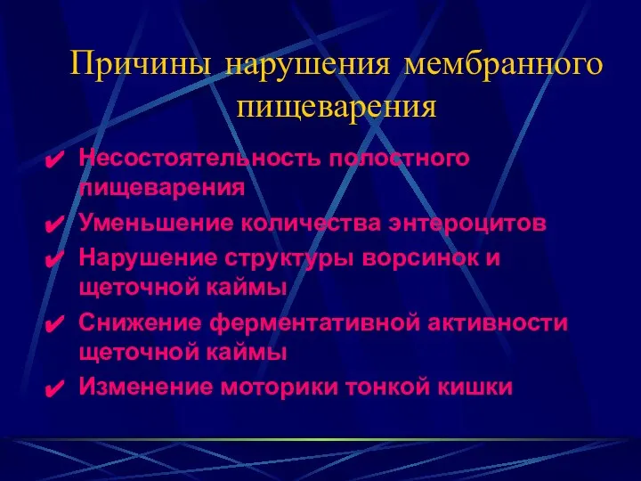 Причины нарушения мембранного пищеварения Несостоятельность полостного пищеварения Уменьшение количества энтероцитов Нарушение