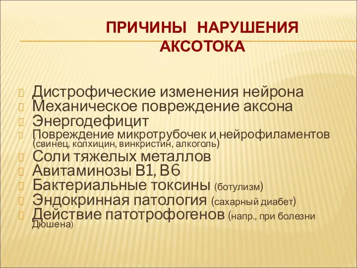 ПРИЧИНЫ НАРУШЕНИЯ АКСОТОКА Дистрофические изменения нейрона Механическое повреждение аксона Энергодефицит Повреждение